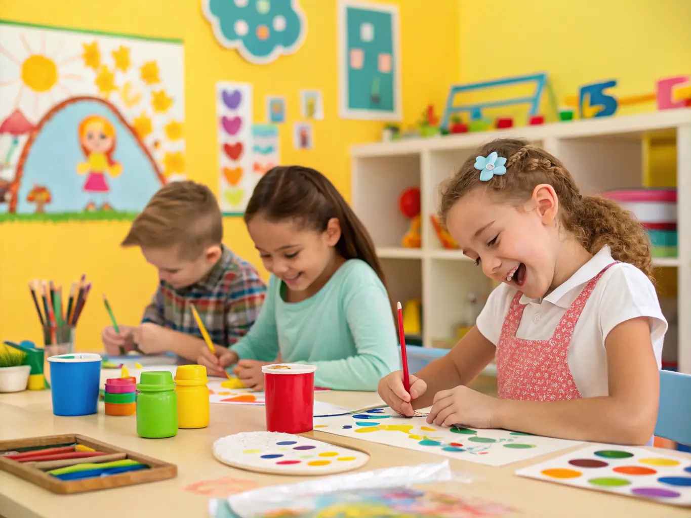 A photograph capturing a group of children participating in an interactive art workshop at one of the Bourges museums, showcasing their engagement and creativity.