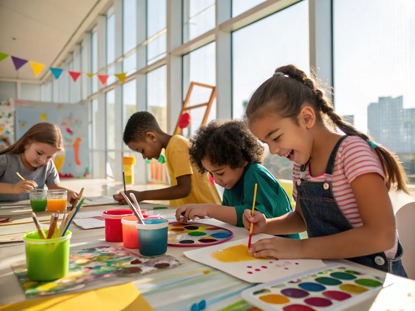 A photograph depicting a group of children participating in an interactive art workshop at the Musée du Berry in Bourges, France. The children are smiling and engaged, with art supplies scattered around them, showcasing the association's commitment to art education.