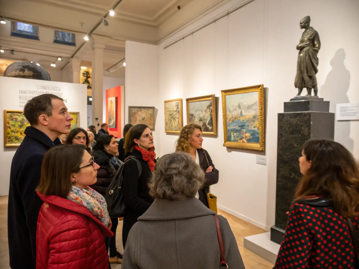 A photograph showing a guided tour of the Musée des Beaux-Arts in Bourges, France, with a knowledgeable guide explaining the history and significance of the artwork to an attentive audience. The image highlights the association's role in promoting cultural awareness.